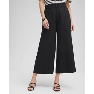 Chicos Black Linen Blend Wide Leg Cropped Pants Elastic‎ Waist Size 1